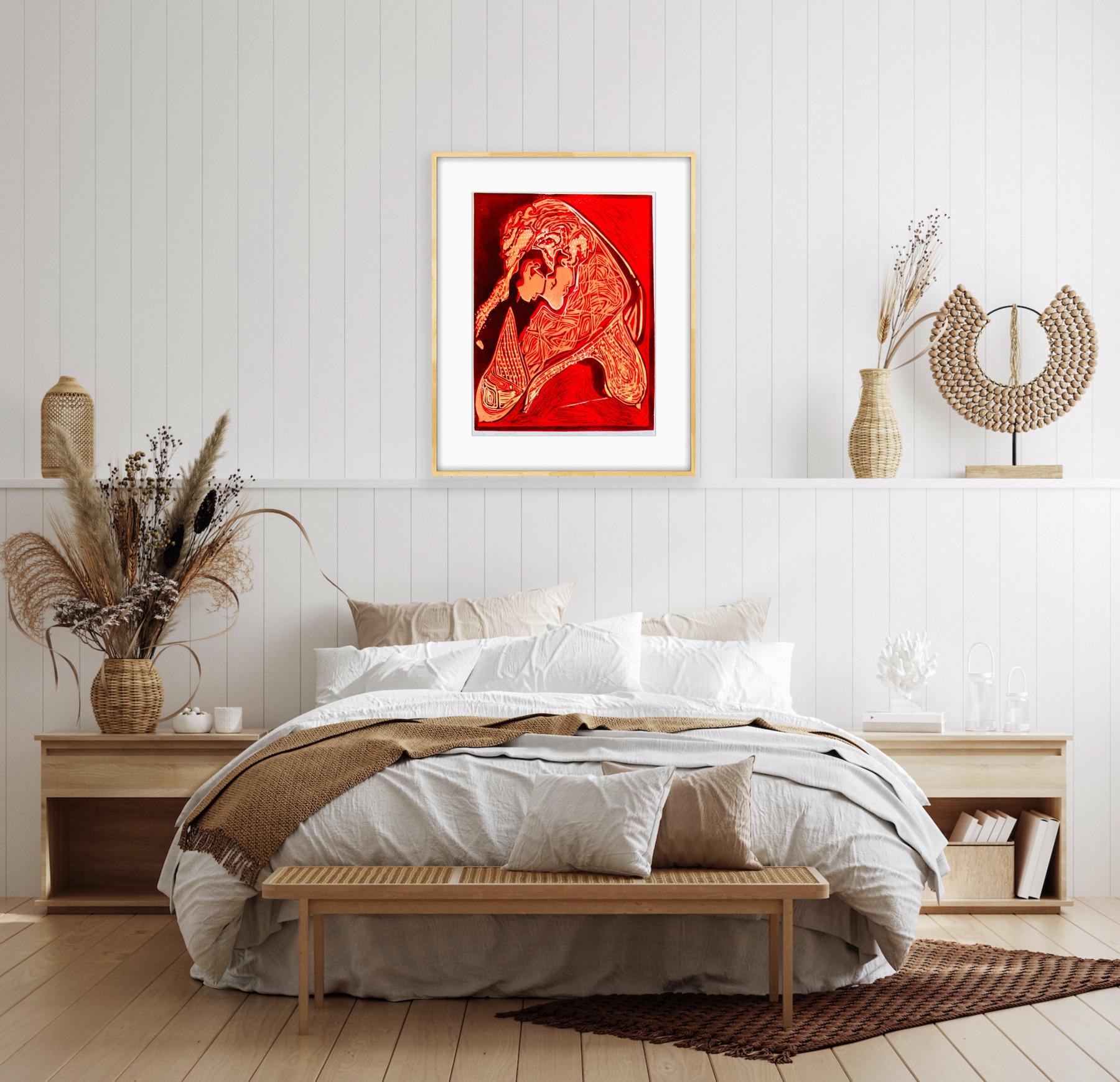 Impresión abstracta India Prueba de artista Linograbado Naturaleza Tierra Amor Rojo Naranja en venta 10