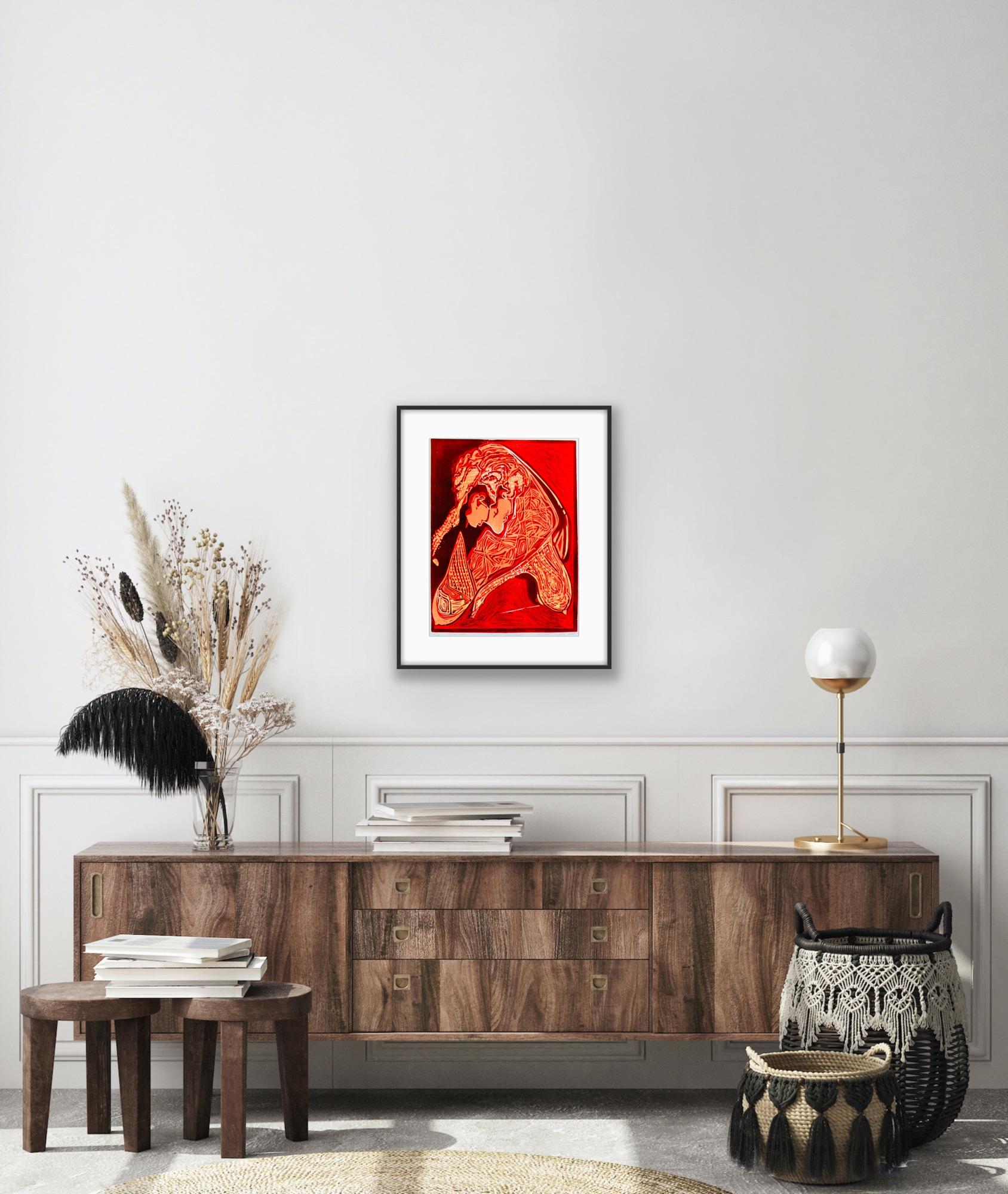 Impresión abstracta India Prueba de artista Linograbado Naturaleza Tierra Amor Rojo Naranja en venta 11