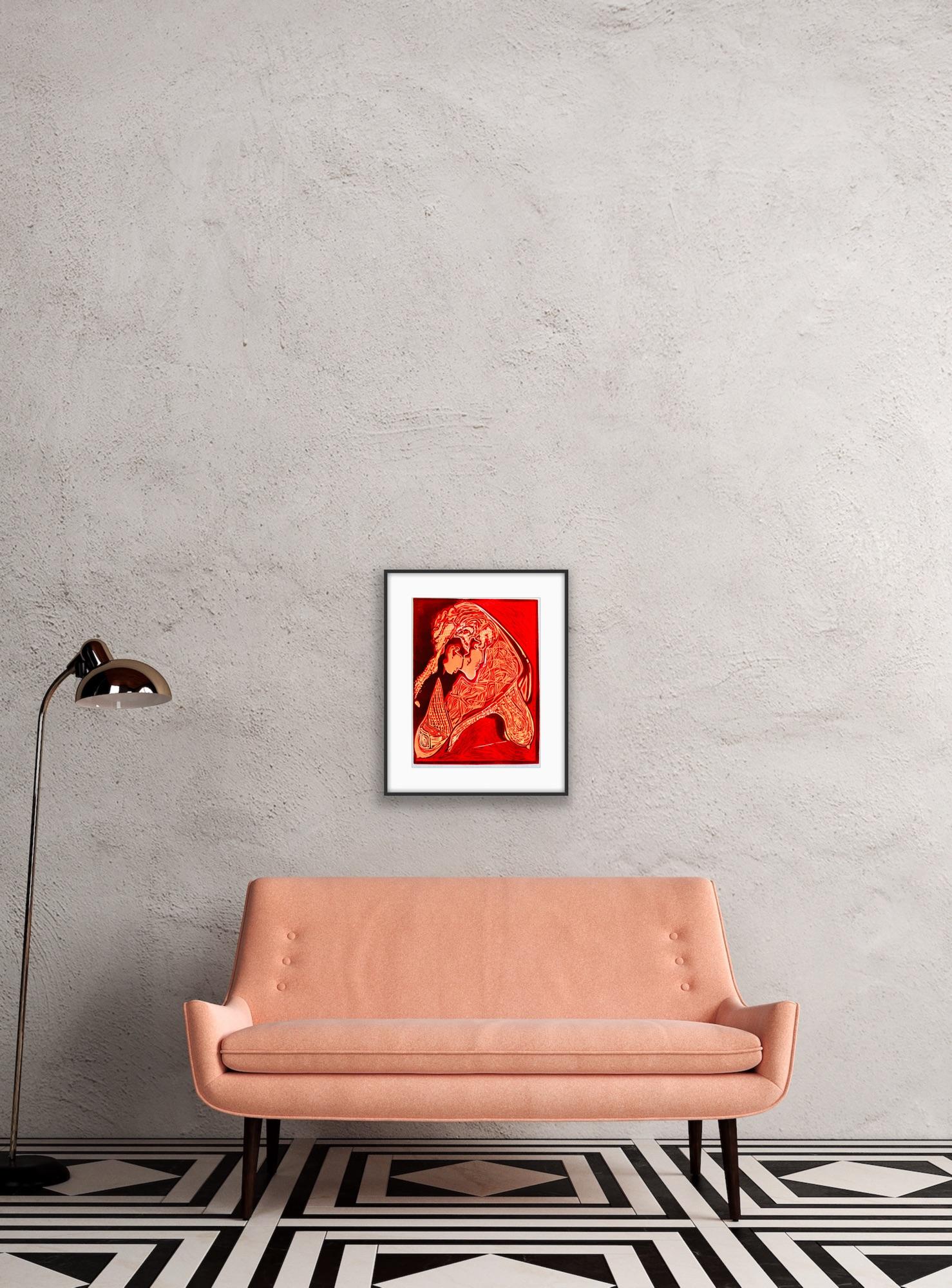 Impresión abstracta India Prueba de artista Linograbado Naturaleza Tierra Amor Rojo Naranja en venta 12