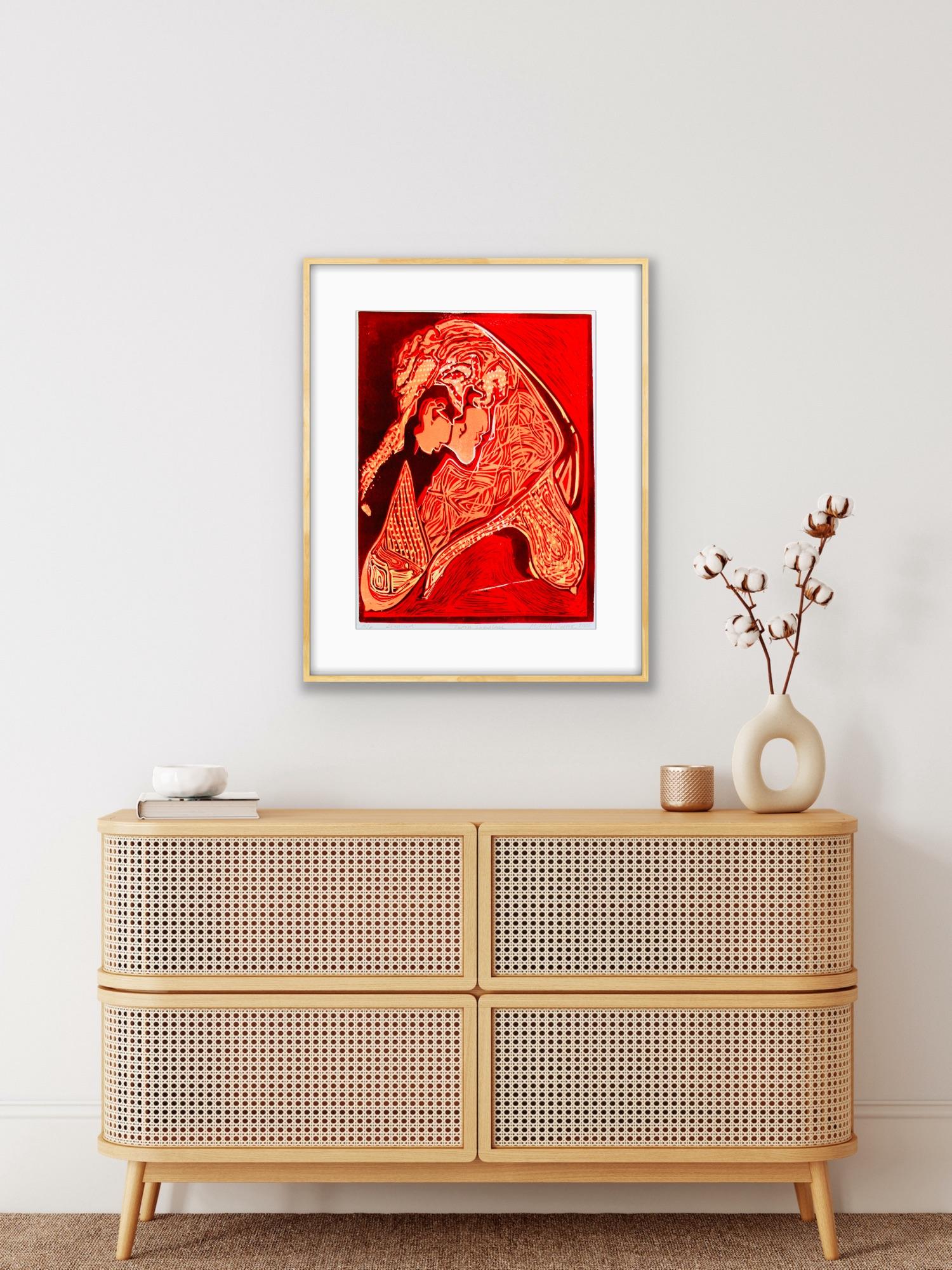 Impresión abstracta India Prueba de artista Linograbado Naturaleza Tierra Amor Rojo Naranja en venta 13
