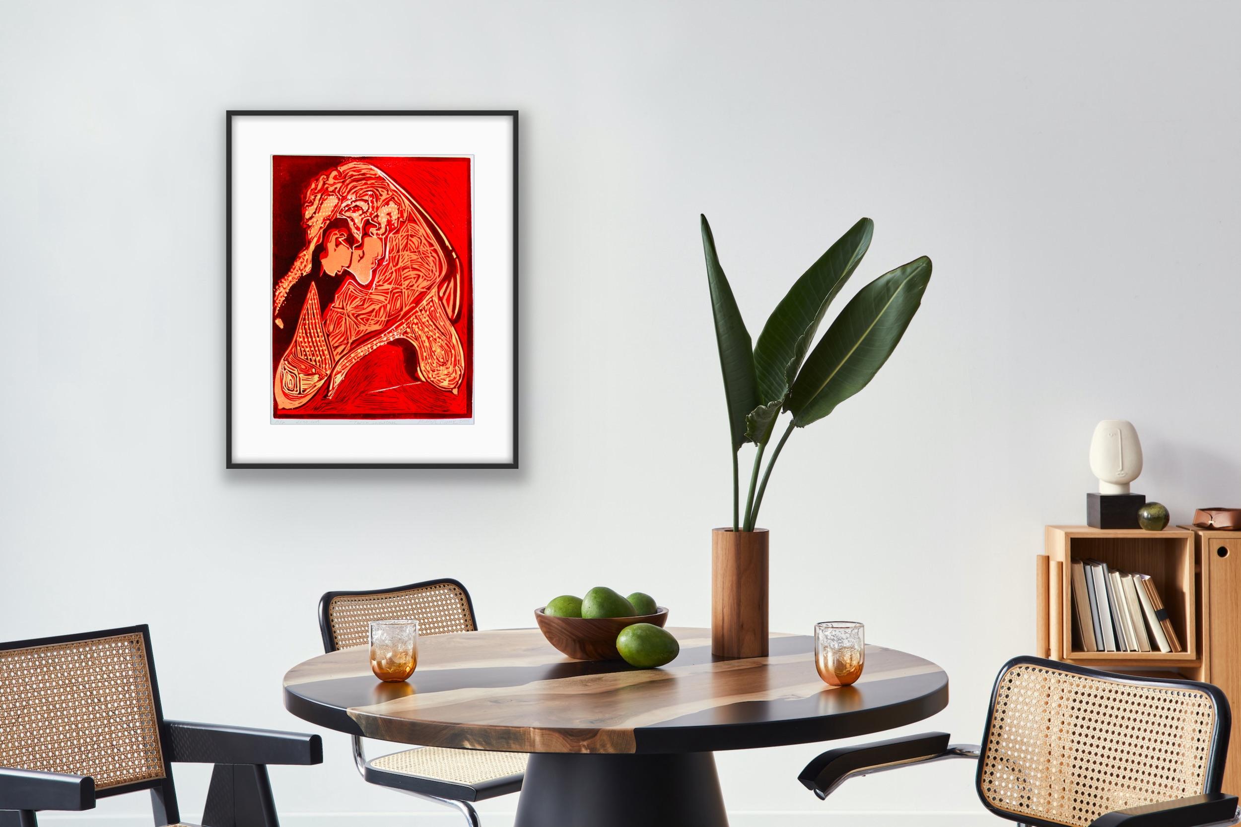 Impresión abstracta India Prueba de artista Linograbado Naturaleza Tierra Amor Rojo Naranja - Print de Mukesh Sharma