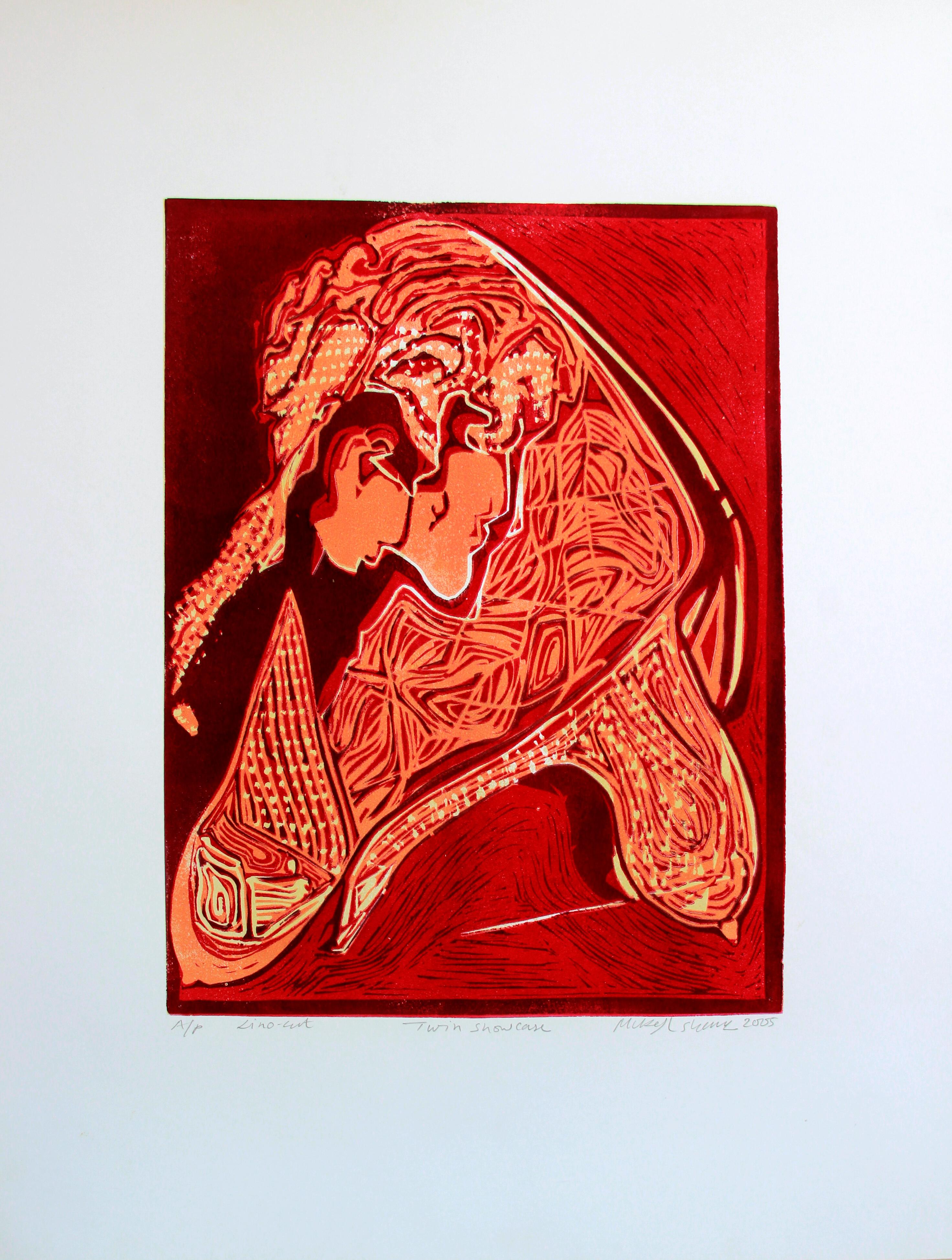 Impresión abstracta India Prueba de artista Linograbado Naturaleza Tierra Amor Rojo Naranja - Print Abstracto de Mukesh Sharma