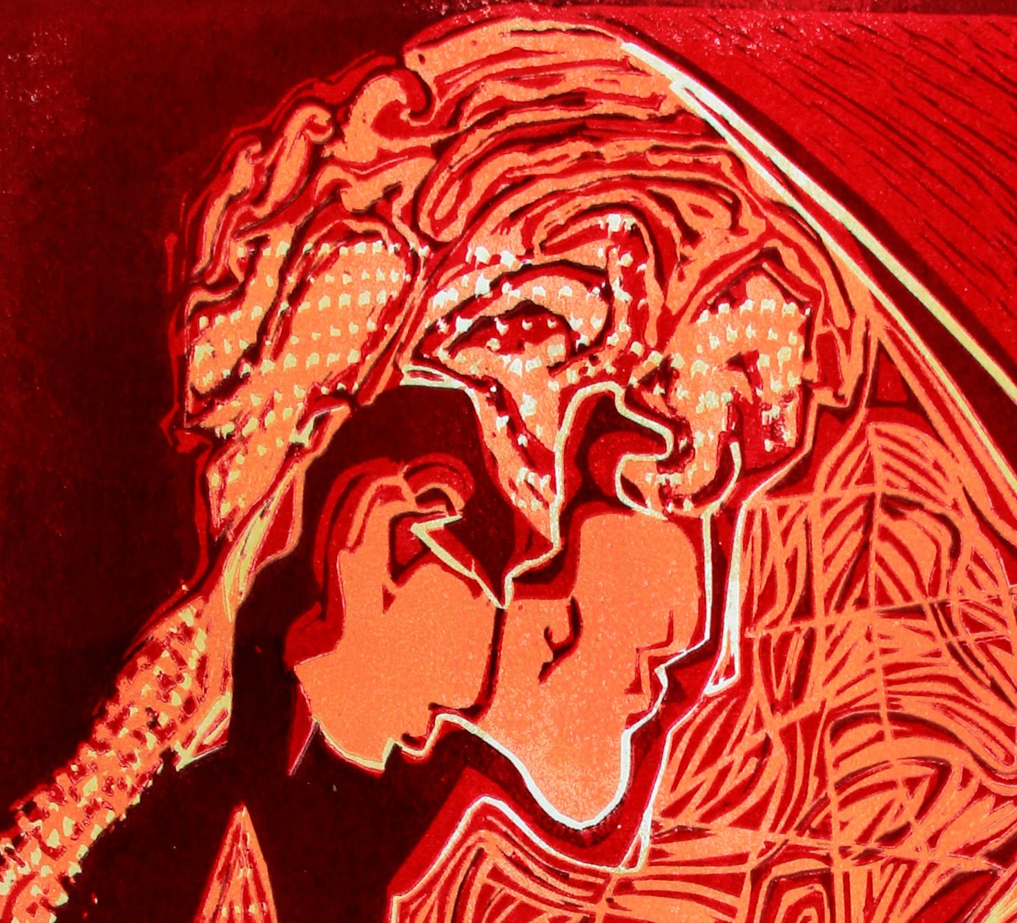 Impresión abstracta India Prueba de artista Linograbado Naturaleza Tierra Amor Rojo Naranja en venta 1