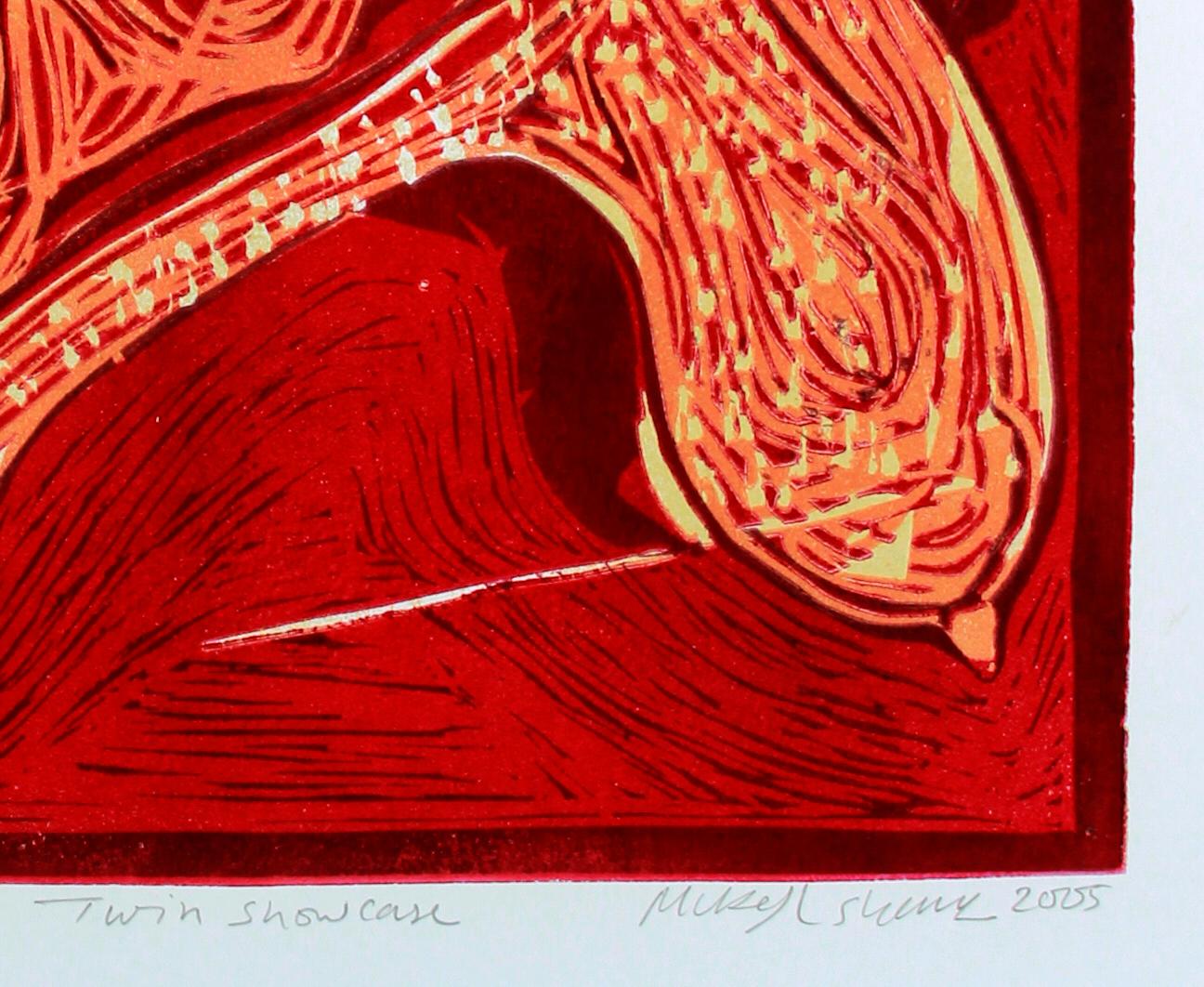 Impresión abstracta India Prueba de artista Linograbado Naturaleza Tierra Amor Rojo Naranja en venta 2