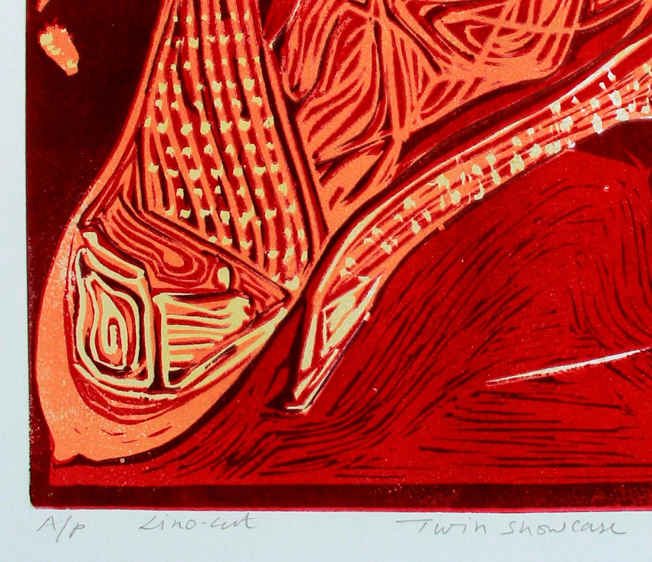 Impresión abstracta India Prueba de artista Linograbado Naturaleza Tierra Amor Rojo Naranja en venta 3