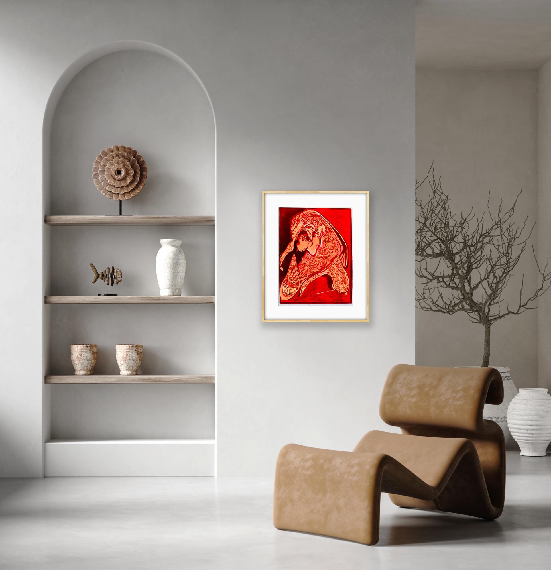 Impresión abstracta India Prueba de artista Linograbado Naturaleza Tierra Amor Rojo Naranja en venta 4