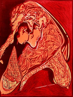 Abstract Print India Artist Proof Linocut Nature Earth Love Red Orange 