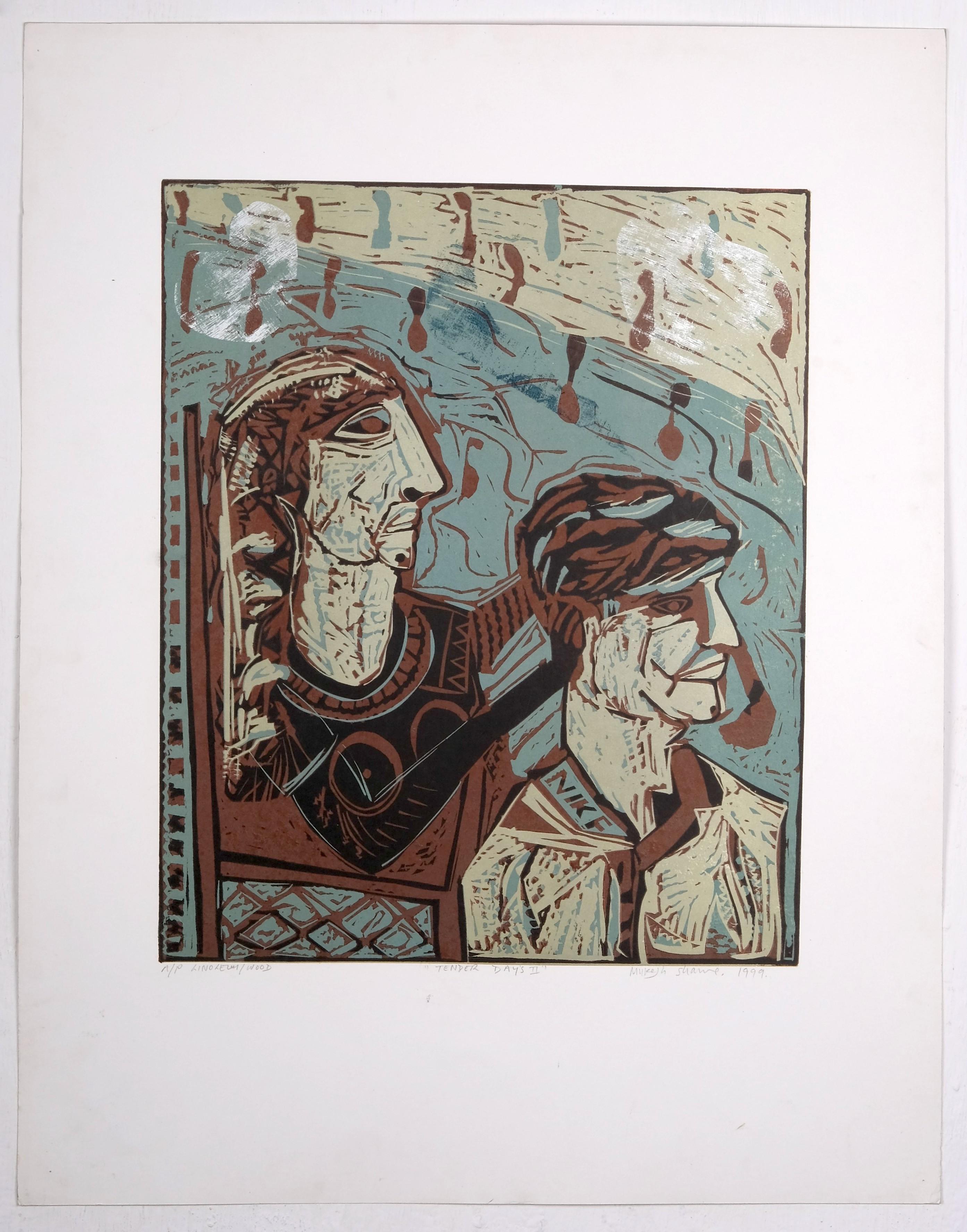 Figurative Couple India Ltd Ed A/P Linocut Print Tender Days II Turquoise Brown  - Green Abstract Print by Mukesh Sharma