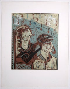 Figurative Couple India Ltd Ed A/P Linocut Print Tender Days II Turquoise Brown