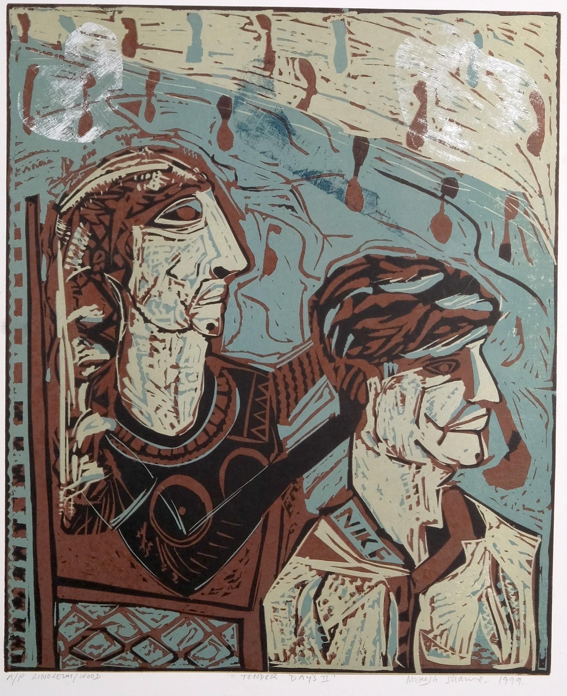 Coppia Figurativa India Ltd Ed A/P Stampa Linocut Tender Days II Turchese Marrone