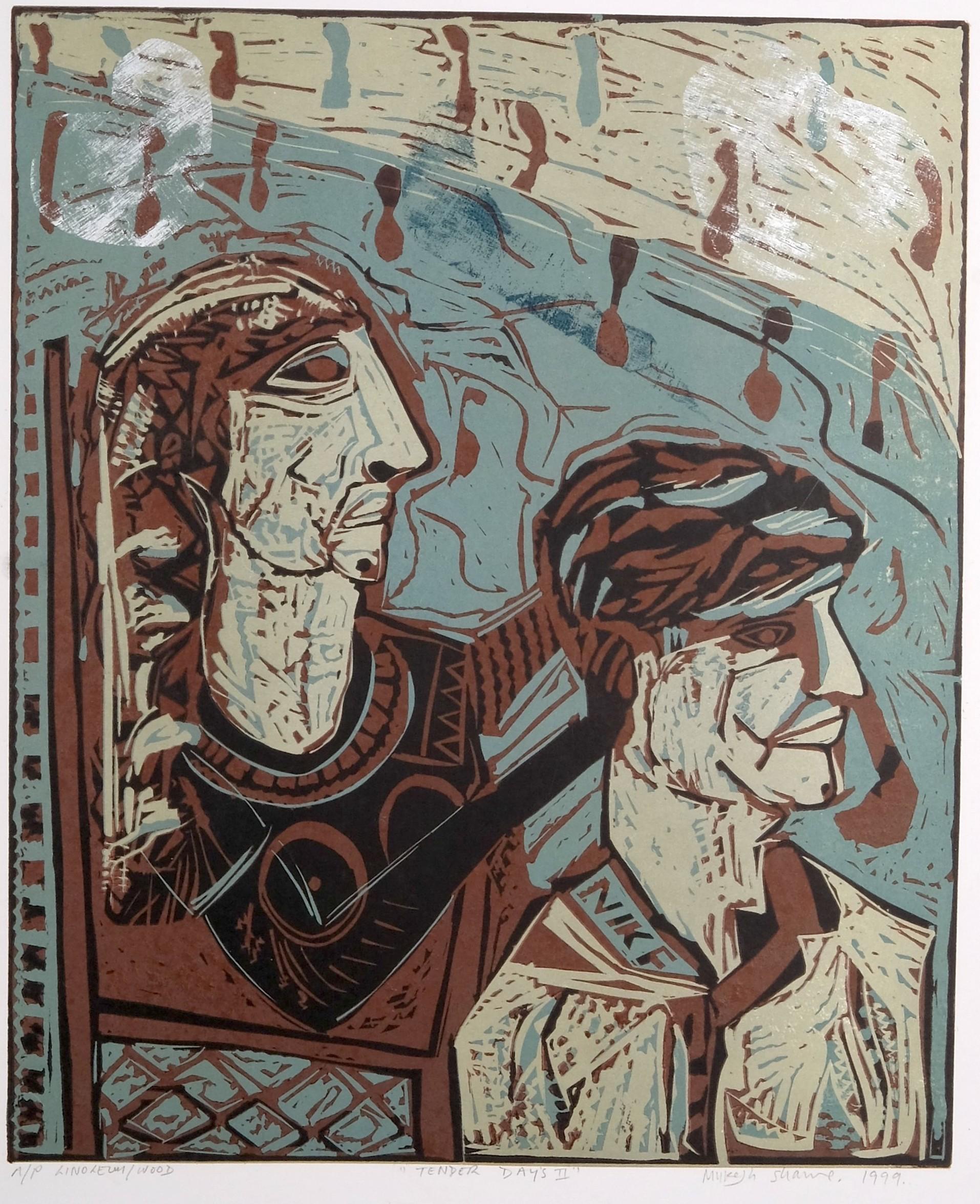 Mukesh Sharma Abstract Print – Figurative Couple India Ltd Ed A/P Linocut Print Tender Days II Türkisbraun 