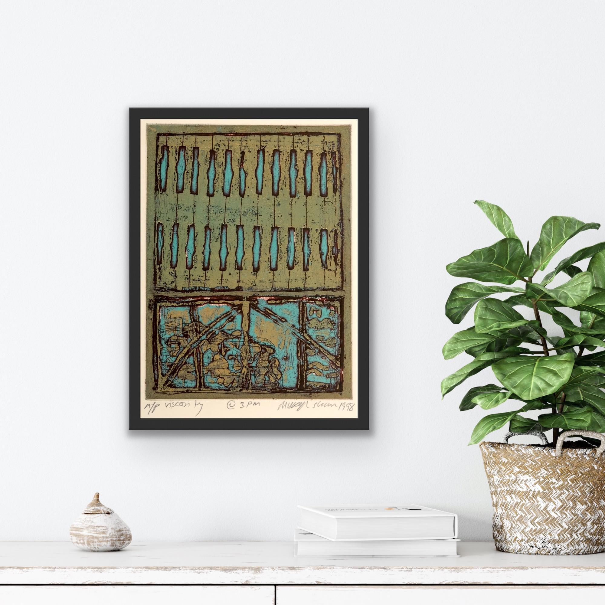 Abstract Landscape Rajasthan Light Viscosity Print Natural Green Turquoise  For Sale 9