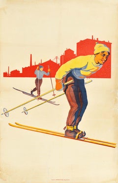 Original Vintage Winter Sport Skiing Poster Cross Country Skiers Worker Wellness