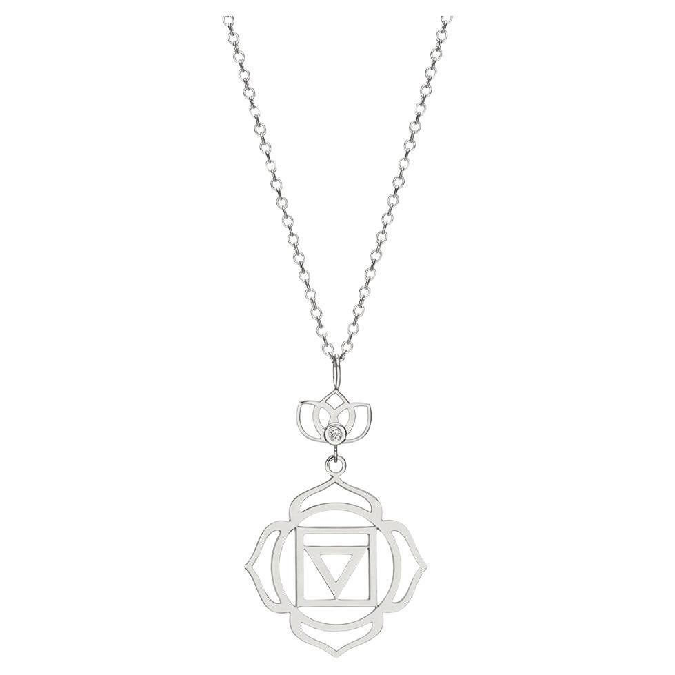 Muladhara Root Yoga Chakra Necklace Lotus Flower with Diamond  14Kt White Gold