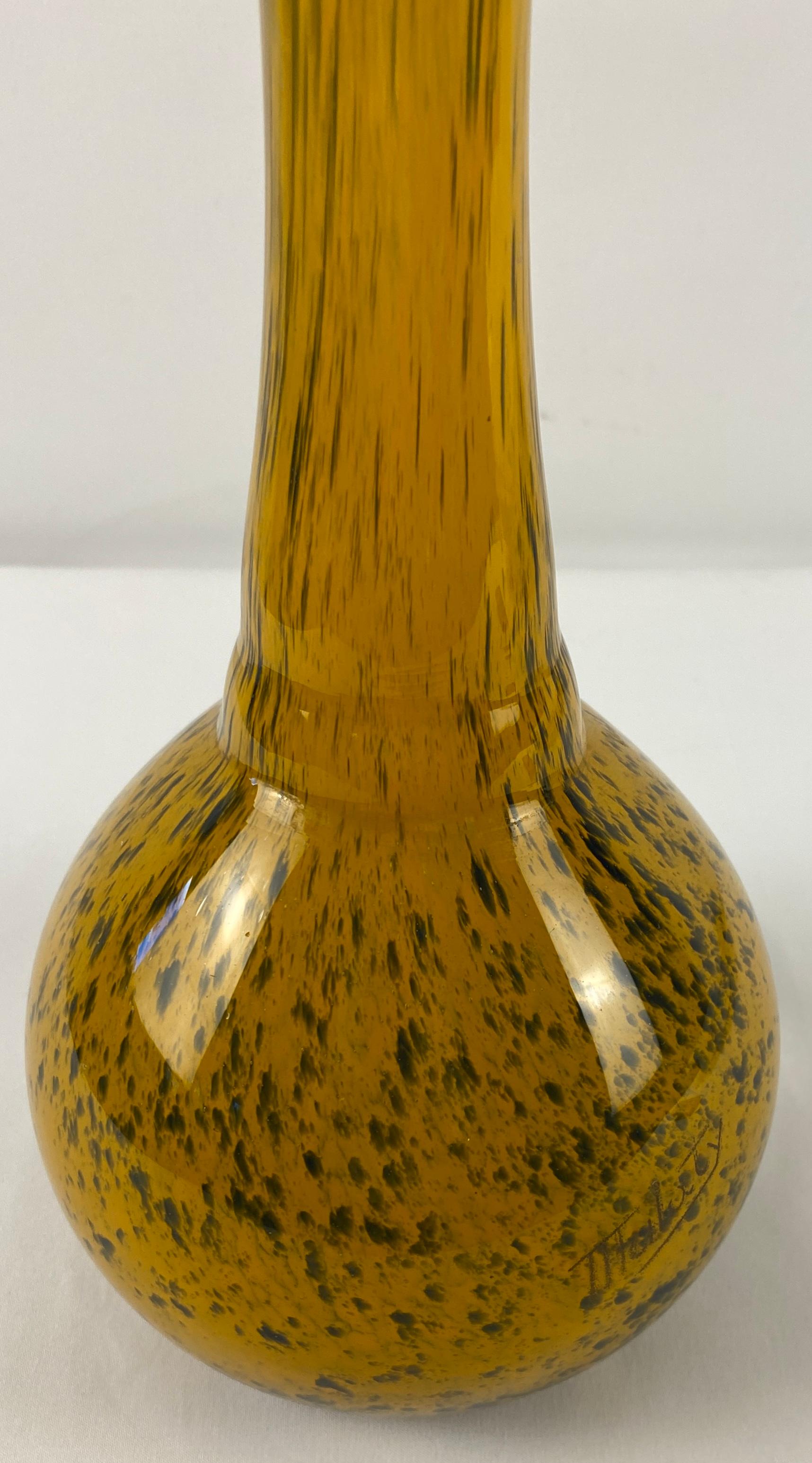 French Mulaty Art Glass Stem Vase Yellow Gold Black Specked For Sale