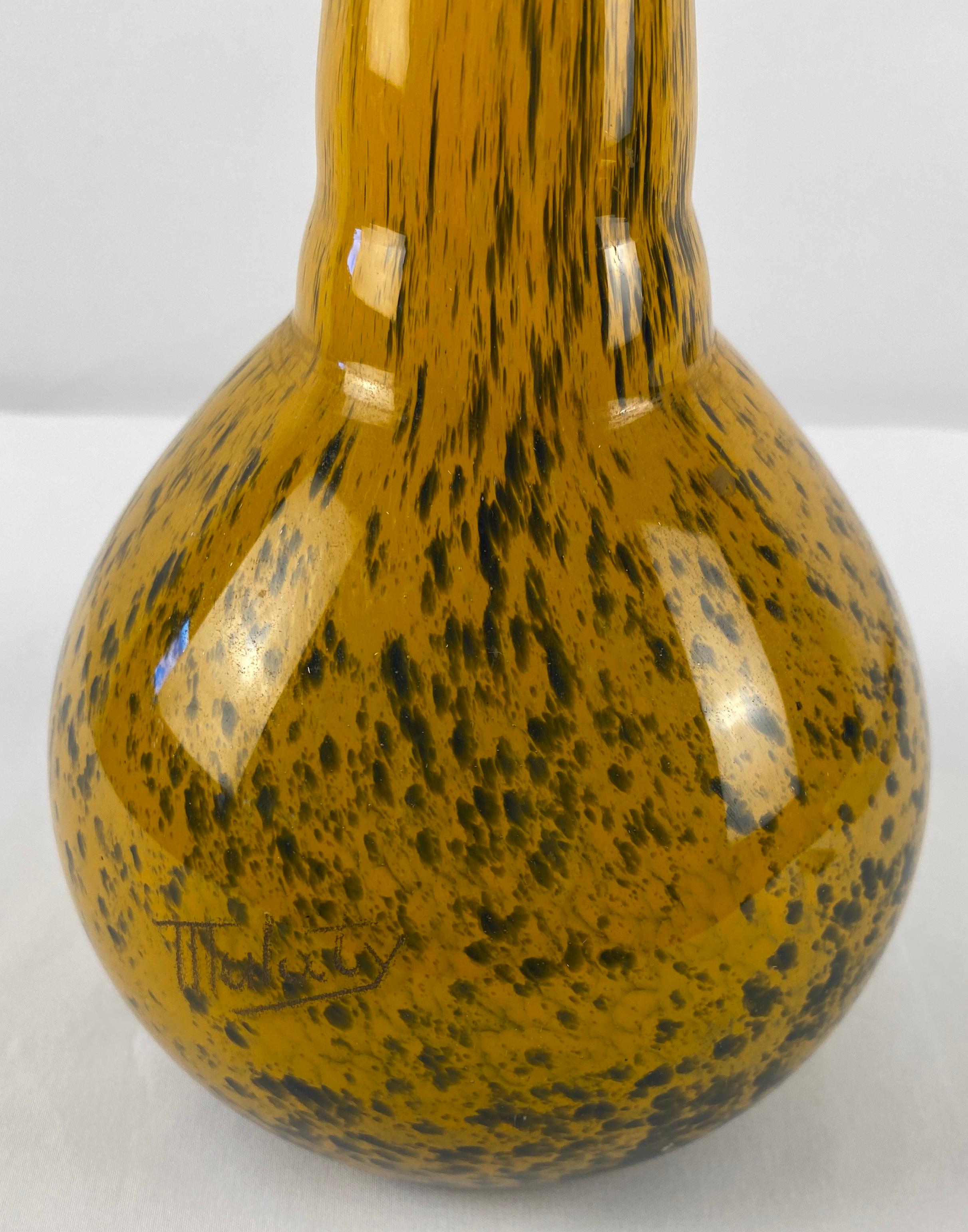 Mulaty Art Glass Stem Vase Yellow Gold Black Specked In Good Condition For Sale In Miami, FL