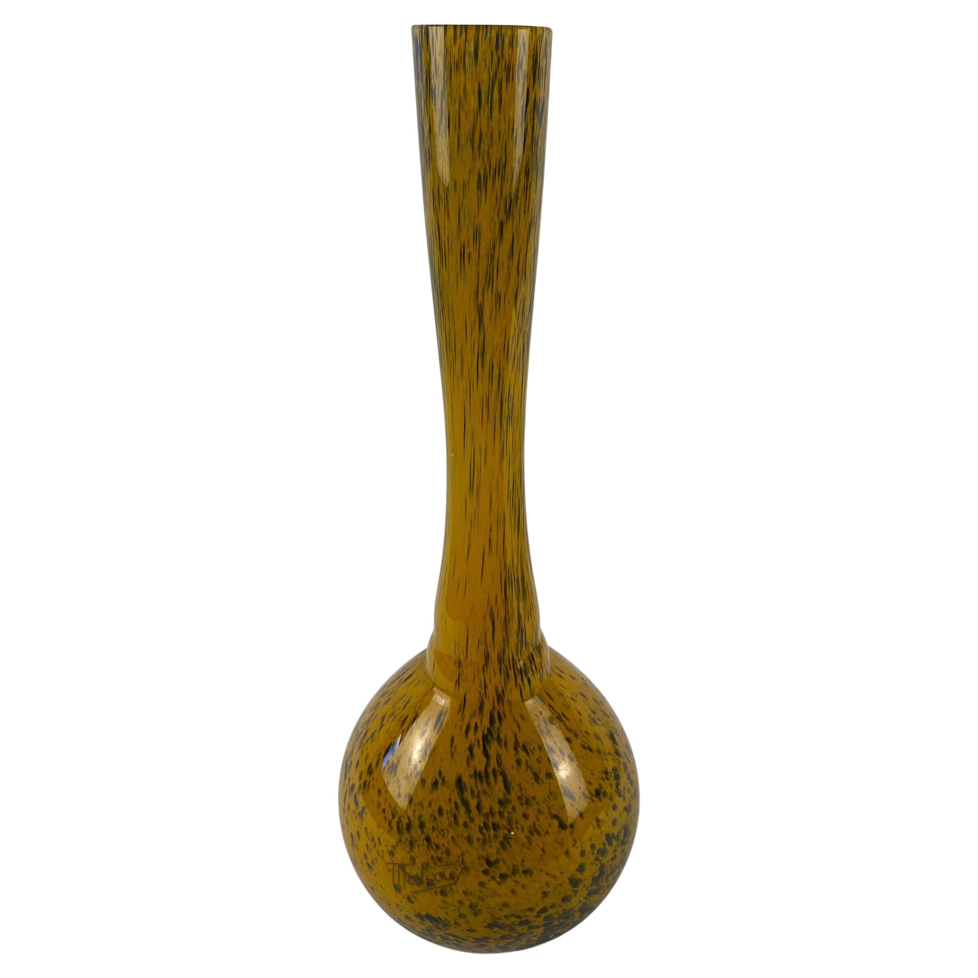 Mulaty Art Glass Stem Vase Yellow Gold Black Specked For Sale