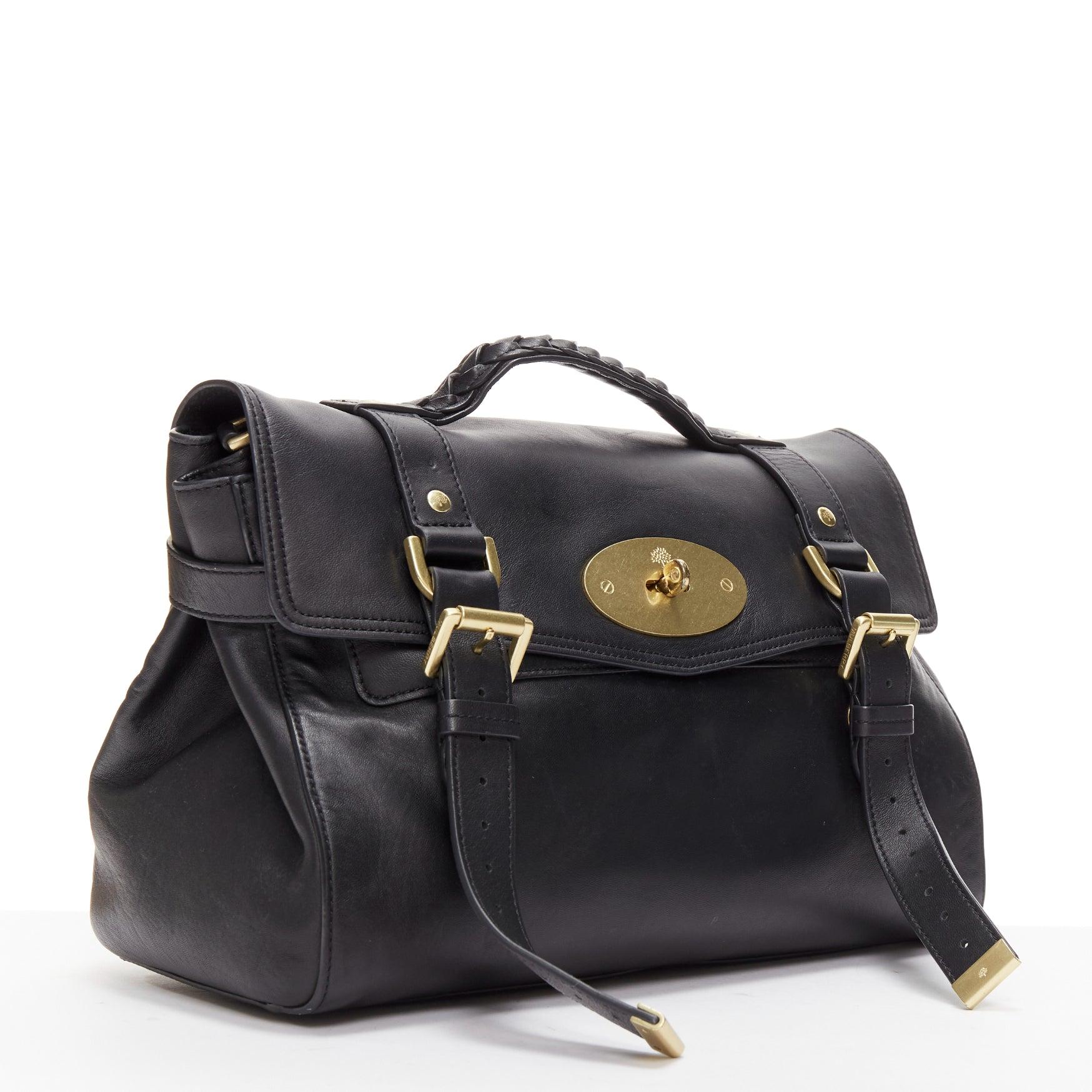 Black MULBERRY Alexa black calfskin gold vintage buckle straps satchel crossbody bag