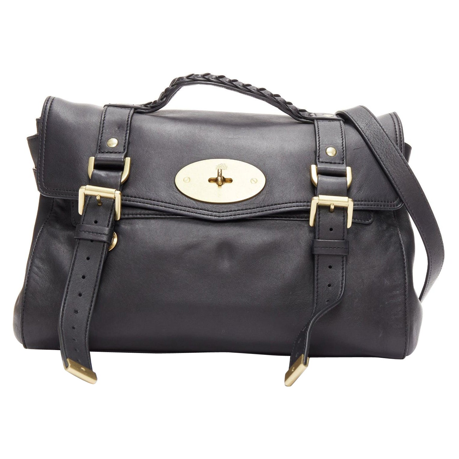 MULBERRY Alexa black calfskin gold vintage buckle straps satchel crossbody bag