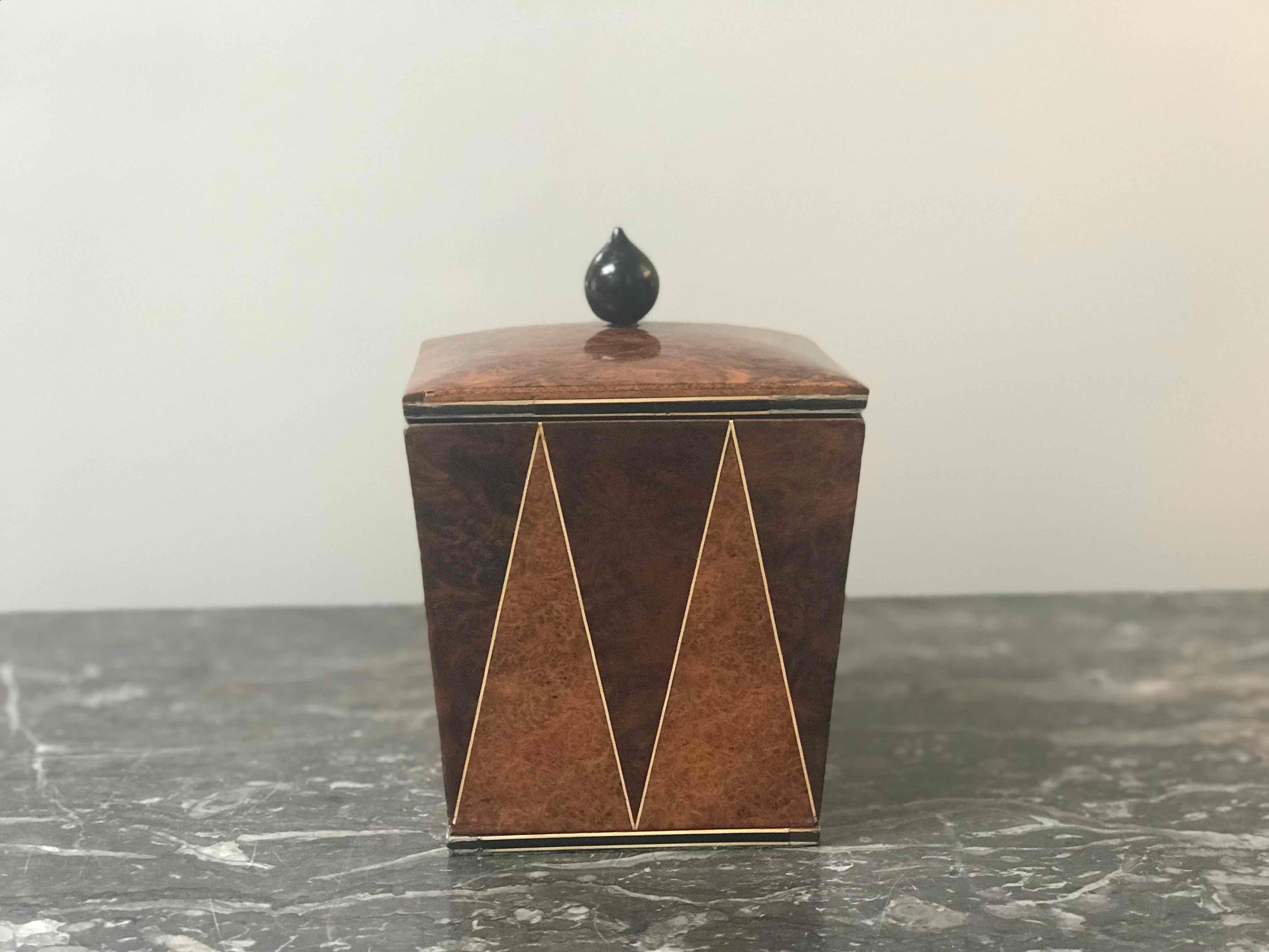 Mulberry and walnut tobacco art deco jar from England circa 1950. 
