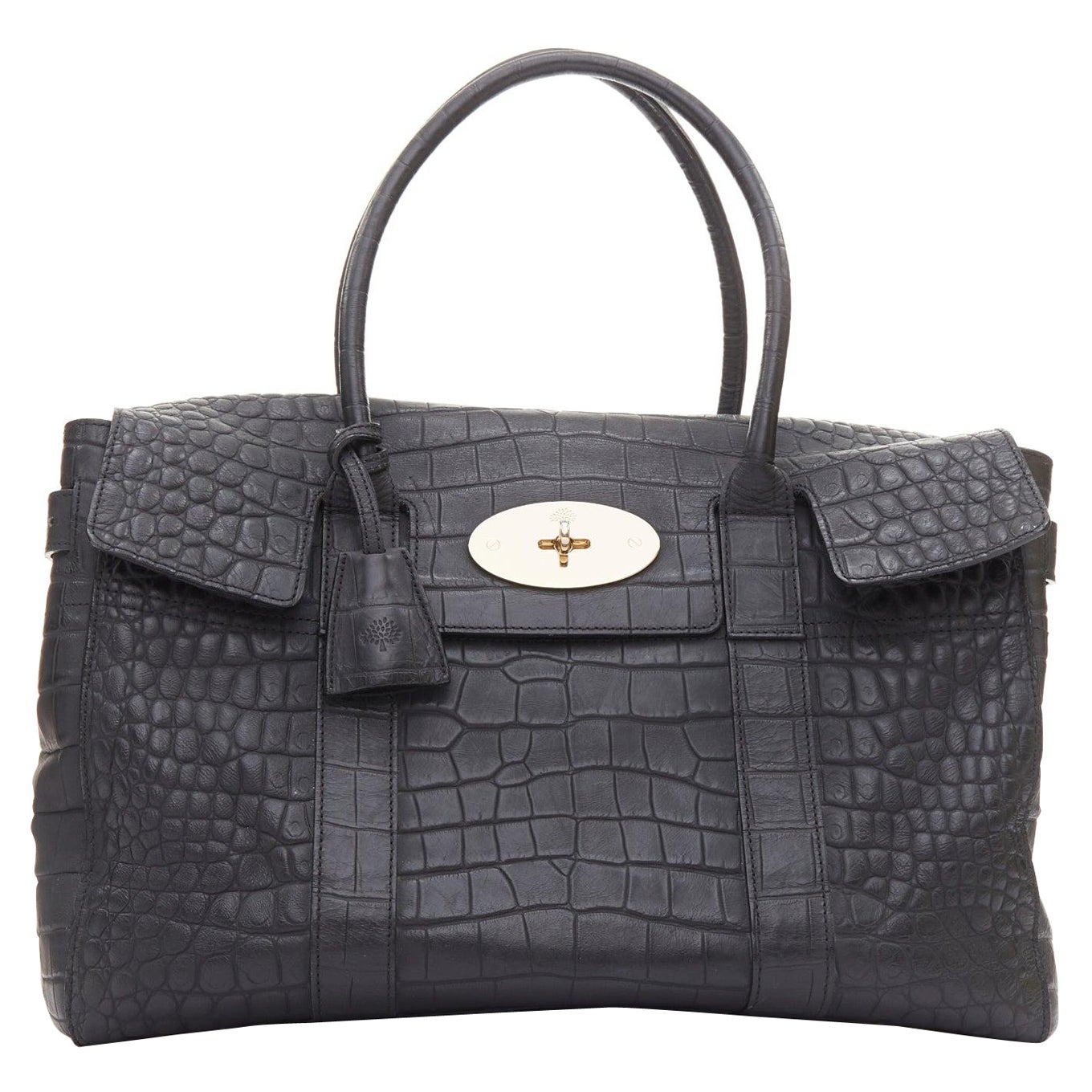 MULBERRY Bayswater black embossed croc leather print satchel tote bag