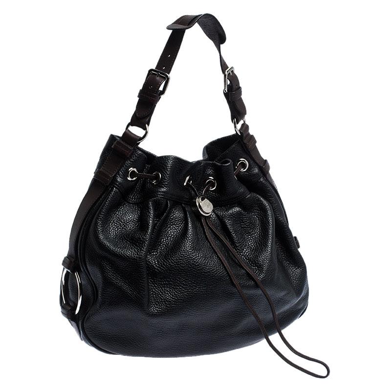 Mulberry Black/Brown Pebbled Leather Drawstring Hobo 5
