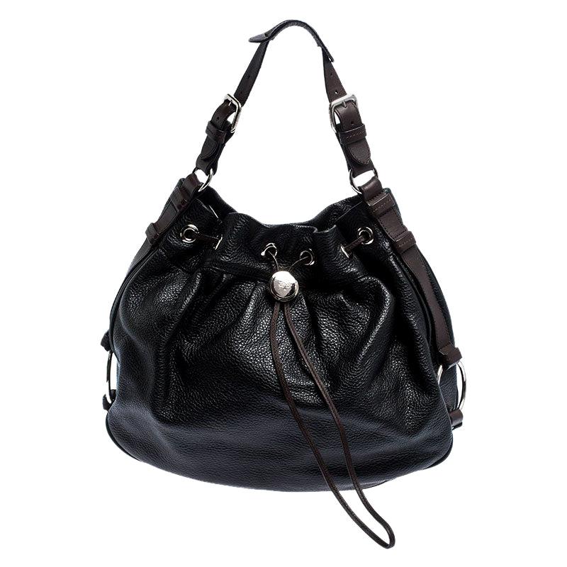 Mulberry Black/Brown Pebbled Leather Drawstring Hobo