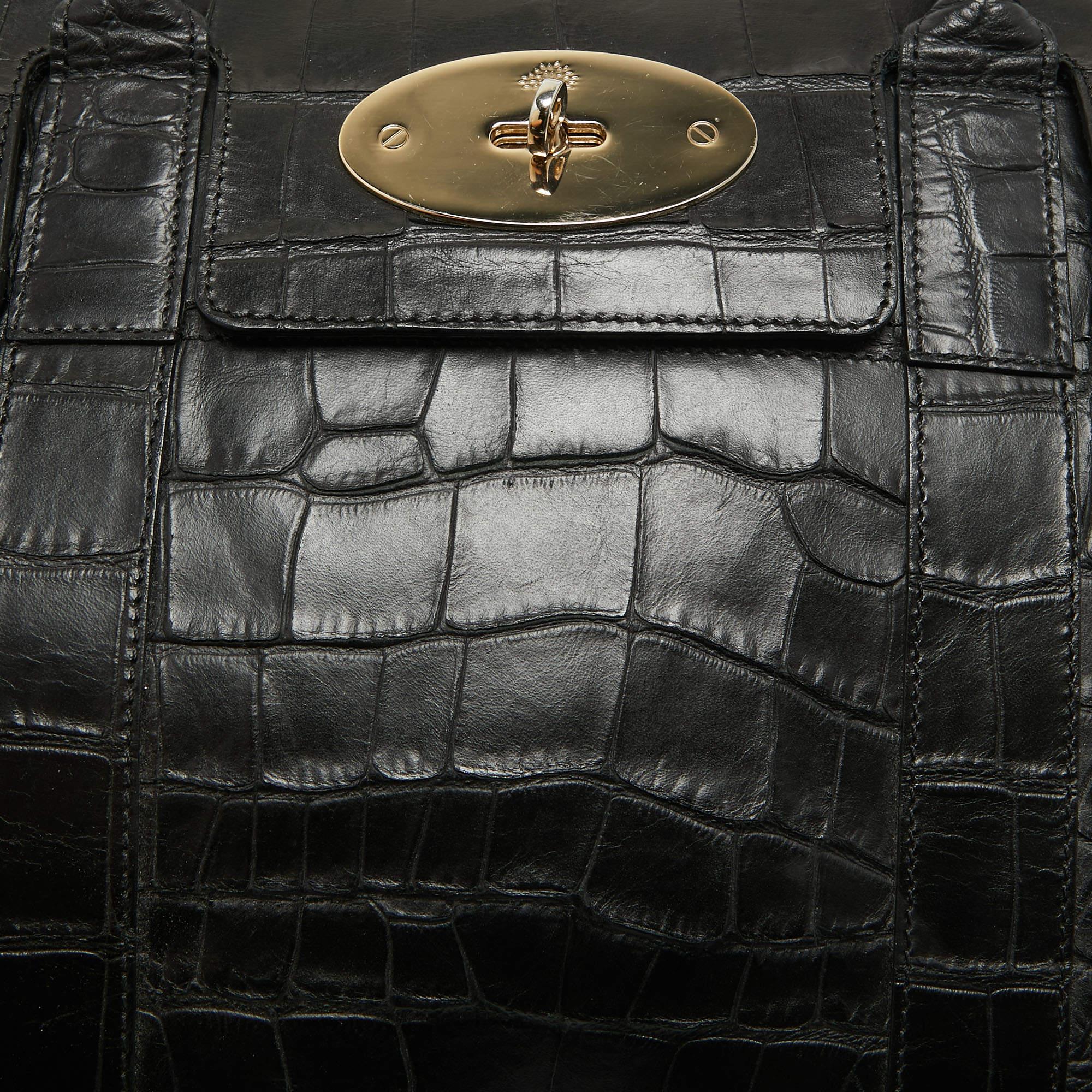 Mulberry Black Croc Embossed Leather Bayswater Satchel 6