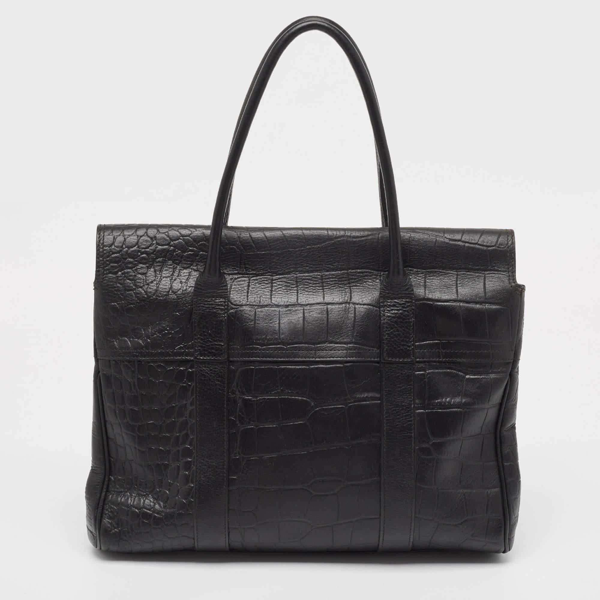 Women's Mulberry Black Croc Embossed Leather Bayswater Satchel