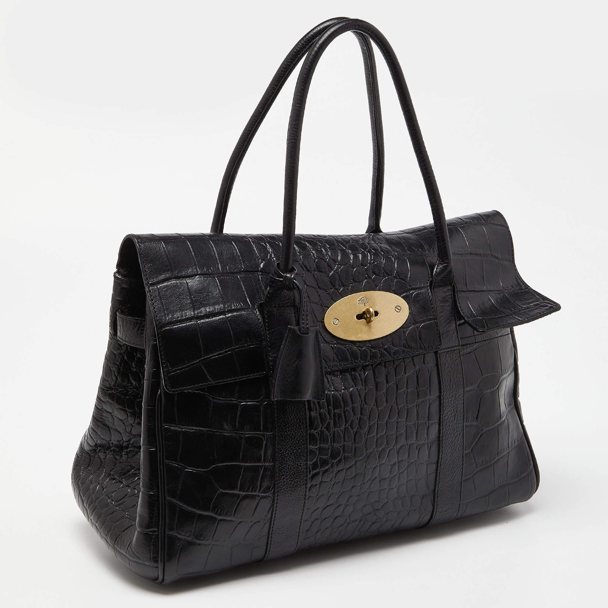 Mulberry Black Croc Embossed Leather Bayswater Satchel 3