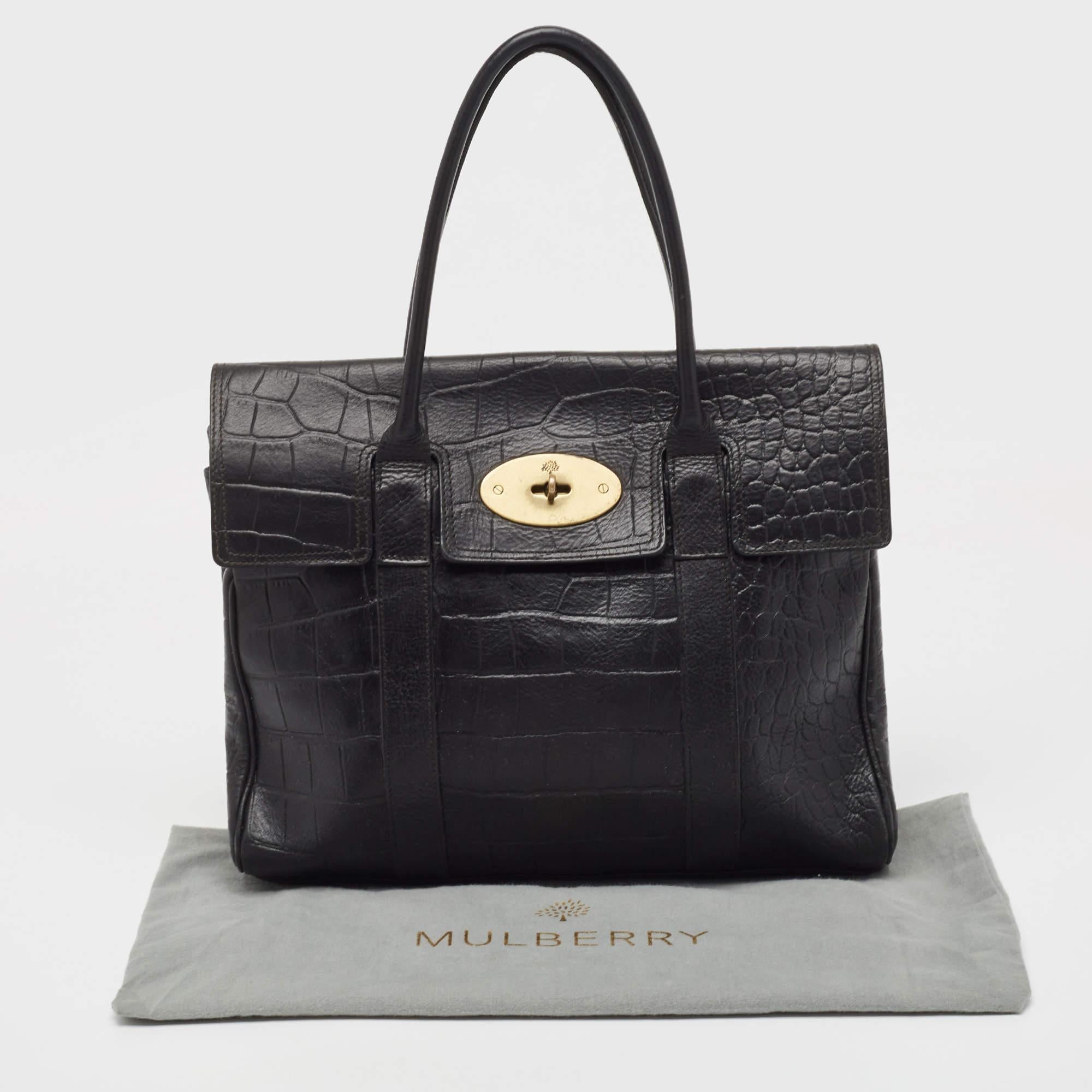 Mulberry Black Croc Embossed Leather Bayswater Satchel 4