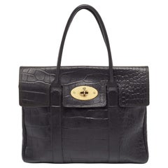 Used Mulberry Black Croc Embossed Leather Bayswater Satchel