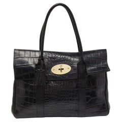 Used Mulberry Black Croc Embossed Leather Bayswater Satchel