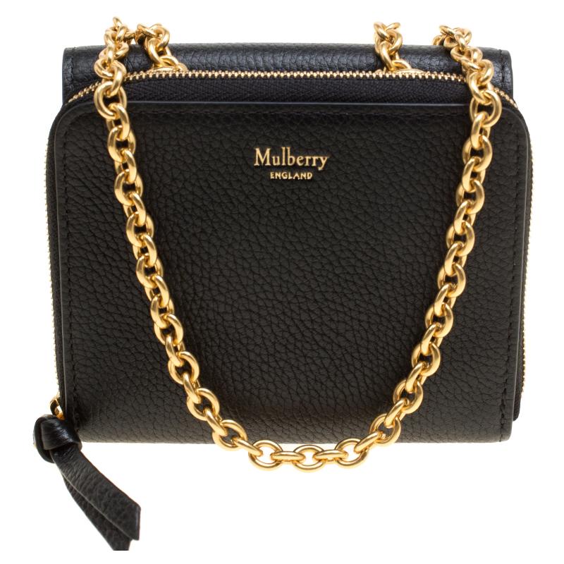 Mulberry Black Leather Clifton Wallet On Chain