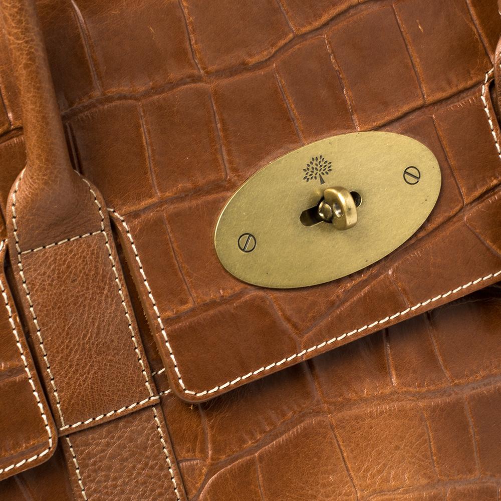 Mulberry Brown Croc Embossed Leather Bayswater Satchel In Good Condition In Dubai, Al Qouz 2