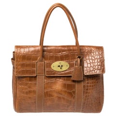 Used Mulberry Brown Croc Embossed Leather Bayswater Satchel
