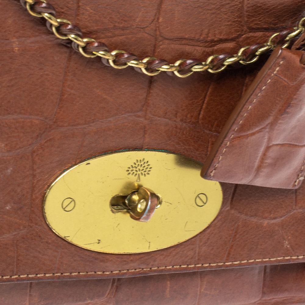 Mulberry Brown Croc Embossed Leather Small Lily Shoulder Bag at 