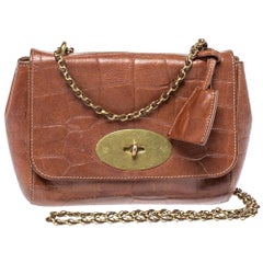 Used Mulberry Brown Croc Embossed Leather Small Lily Shoulder Bag