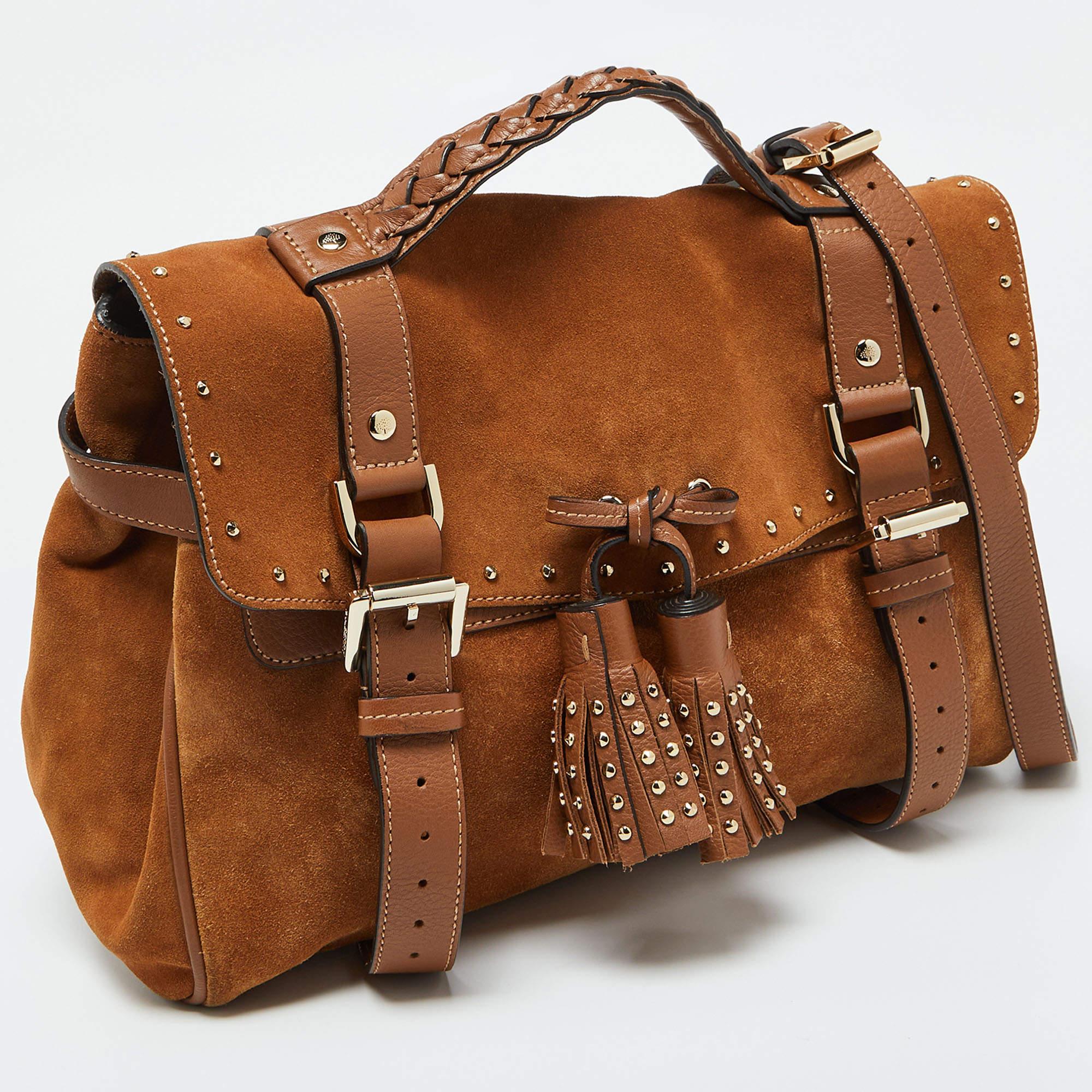 Mulberry Brown Nubuck and Leather Studded Tassel Alexa Satchel In Good Condition In Dubai, Al Qouz 2
