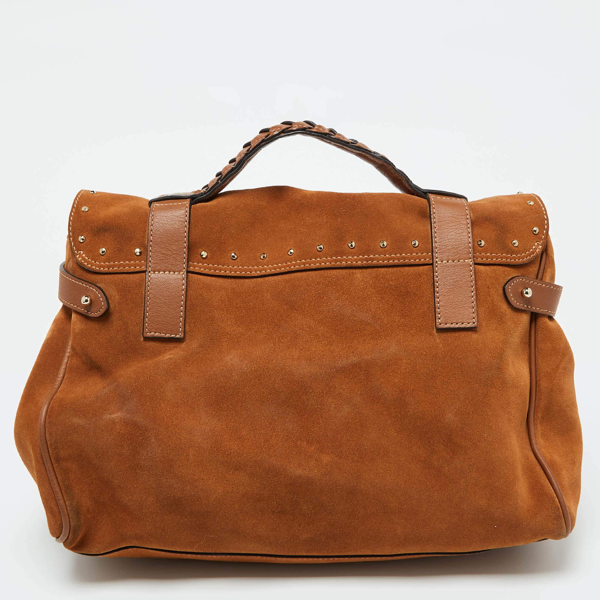 Women's Mulberry Brown Nubuck and Leather Studded Tassel Alexa Satchel