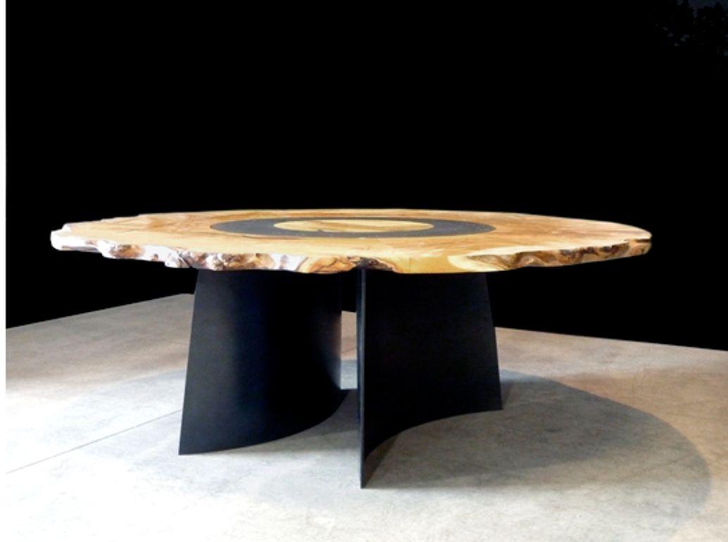 Mulberry circle with lazy Susan of acrylic and black patina curved steel legs