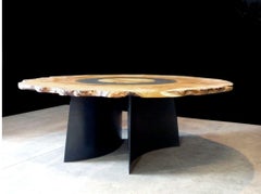 Modern Live Edge Mulberry Circle Dining Table with Blackened Steel Curved Legs