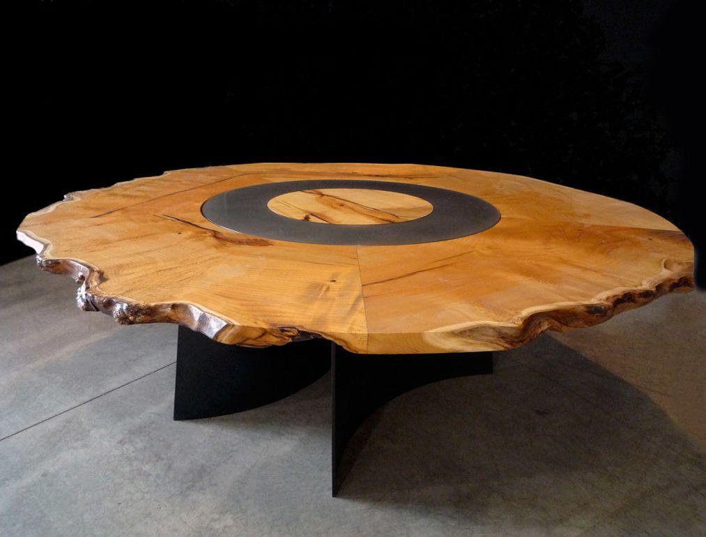 Modern Live Edge Mulberry Circle Dining Table with Blackened Steel Curved Legs In New Condition For Sale In Hobart, NY