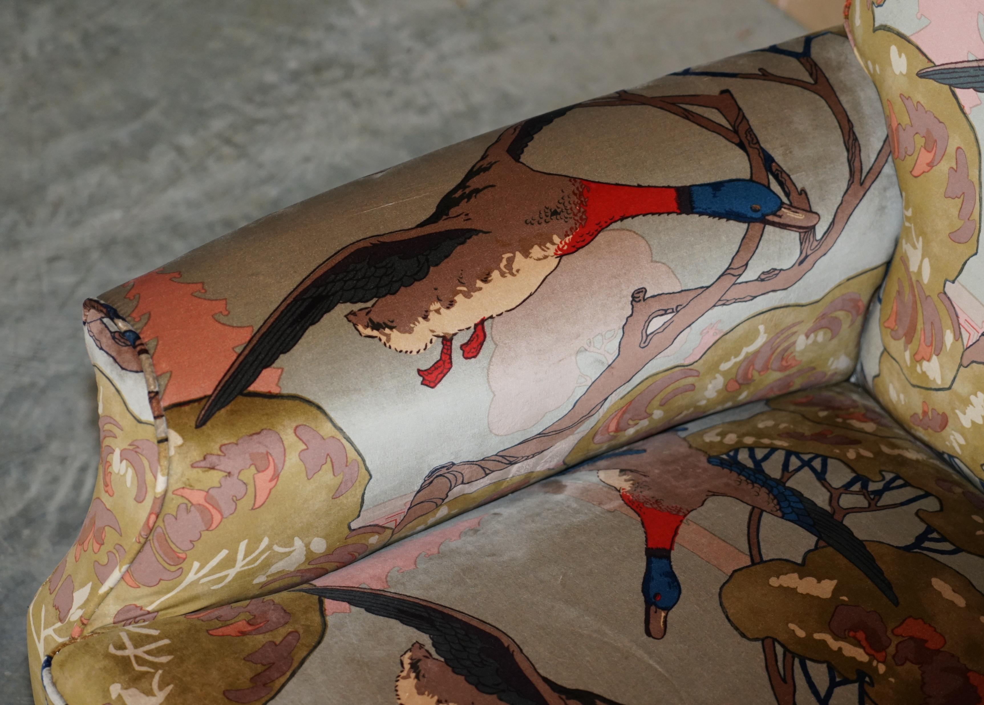 Mid-19th Century Mulberry Flying Ducks Upholstered Restored Pair of Victorian Club Armchairs