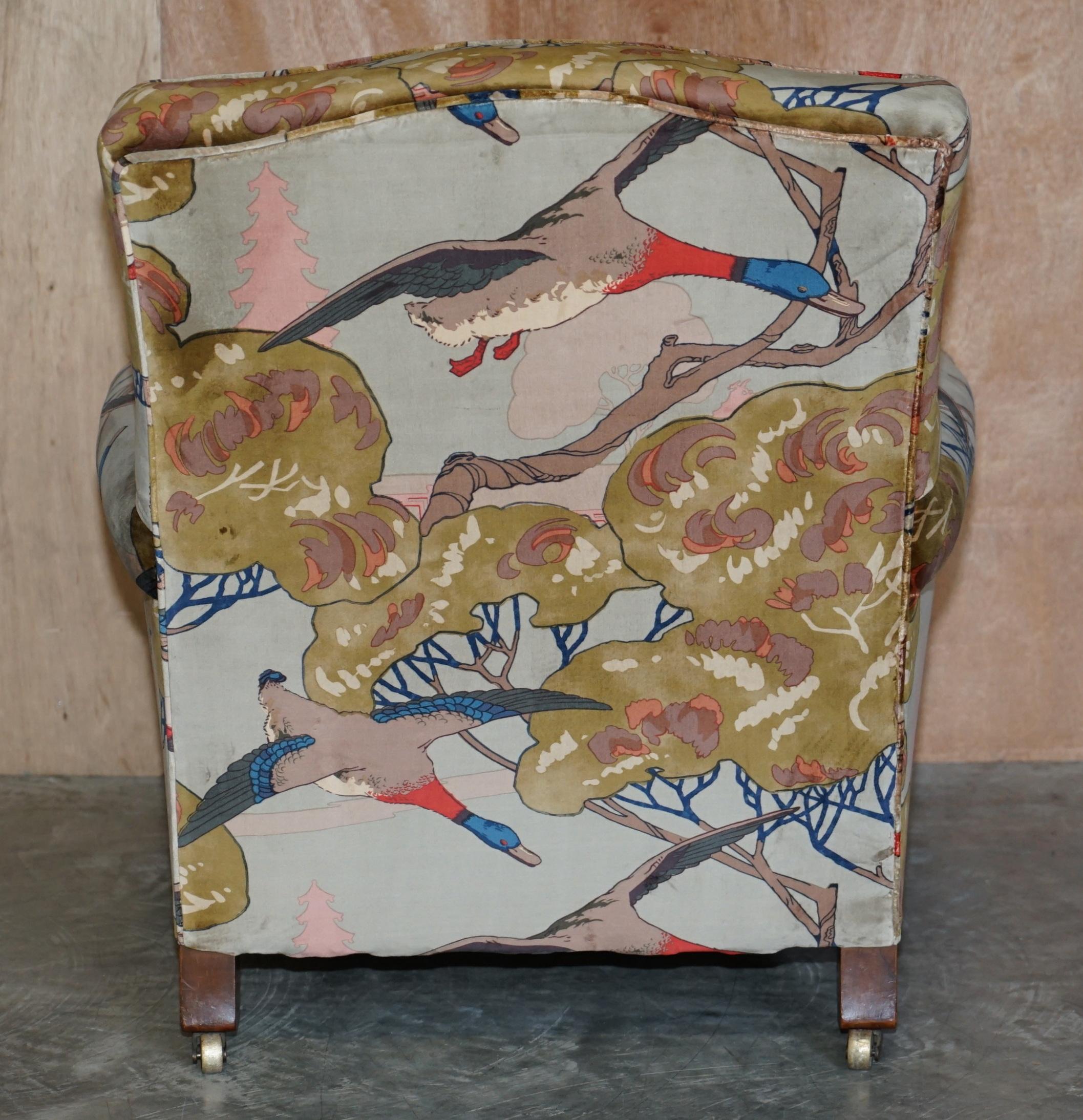 Mulberry Flying Ducks Upholstered Restored Pair of Victorian Club Armchairs 8