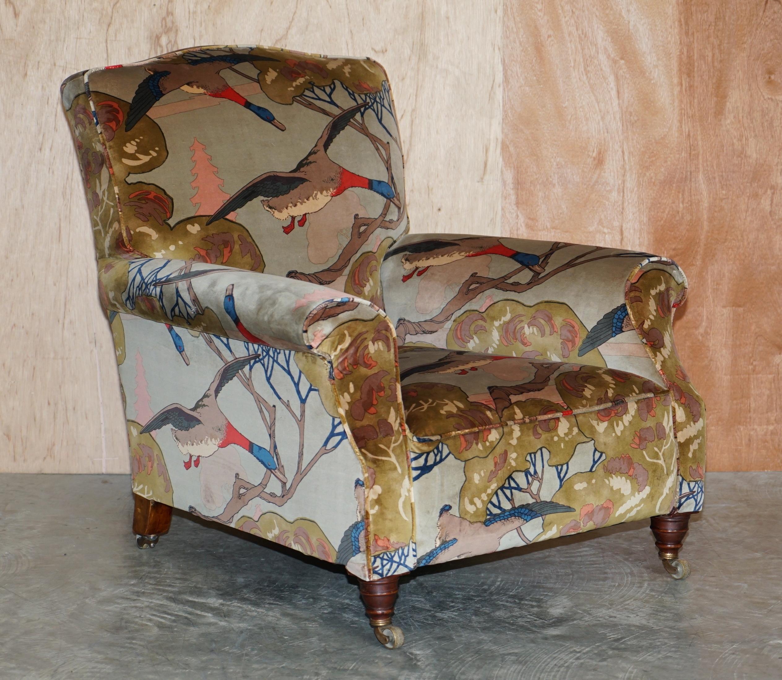 We are delighted to offer for sale this extremely fine pair of fully restored Victorian club armchairs upholstered with Mulberry Flying ducks velvet upholstery

These chairs are wonderfully English! They are circa 1860, with coil sprung bases,