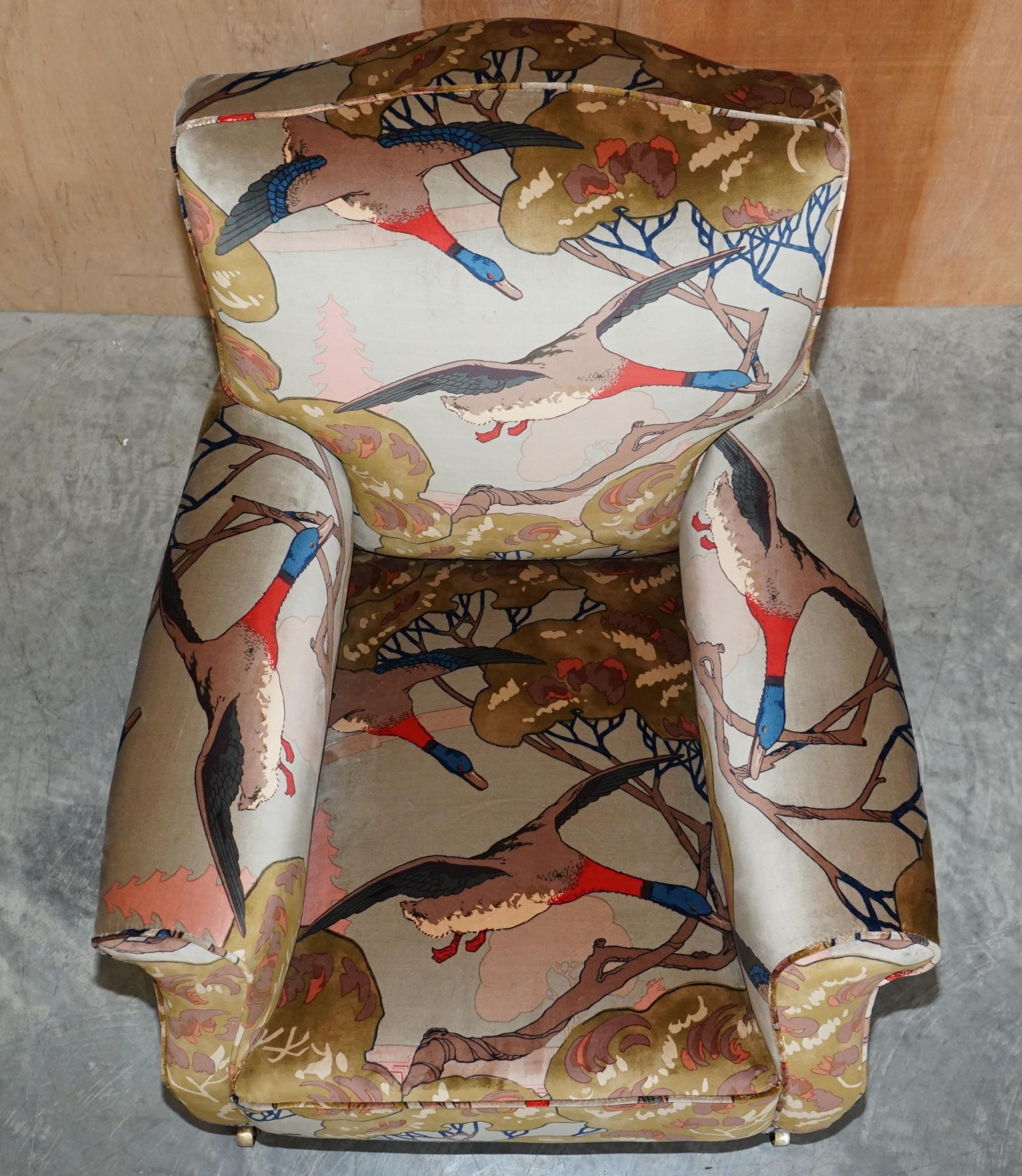 English Mulberry Flying Ducks Upholstered Restored Pair of Victorian Club Armchairs