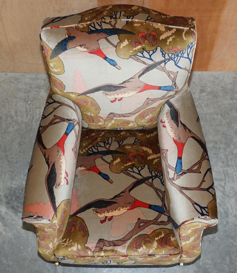 Mid-19th Century Mulberry Flying Ducks Upholstered Restored Pair of Victorian Club Armchairs