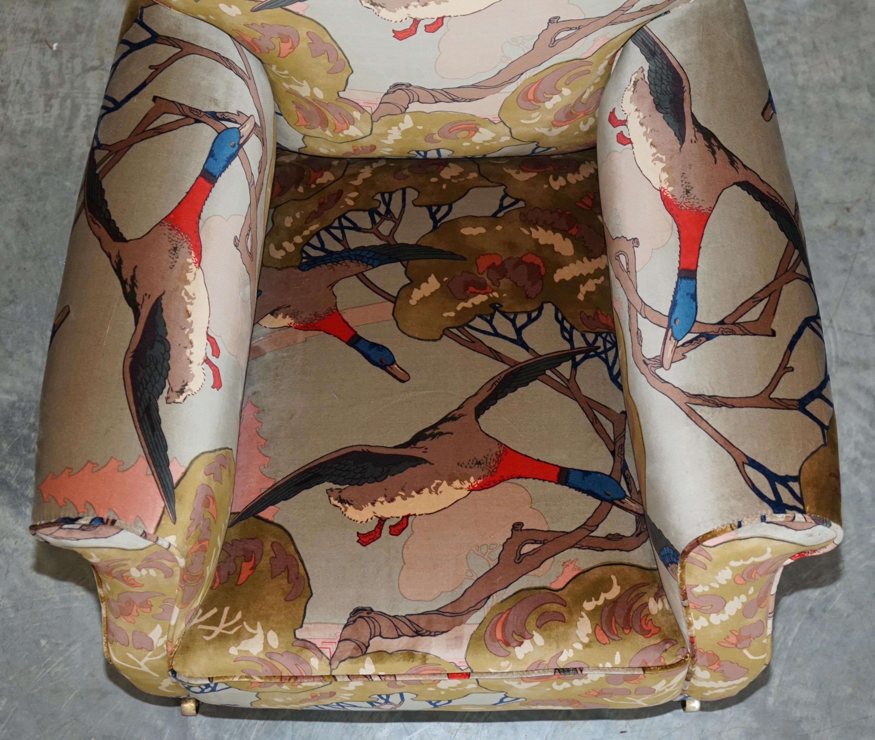 Hand-Crafted Mulberry Flying Ducks Upholstered Restored Pair of Victorian Club Armchairs