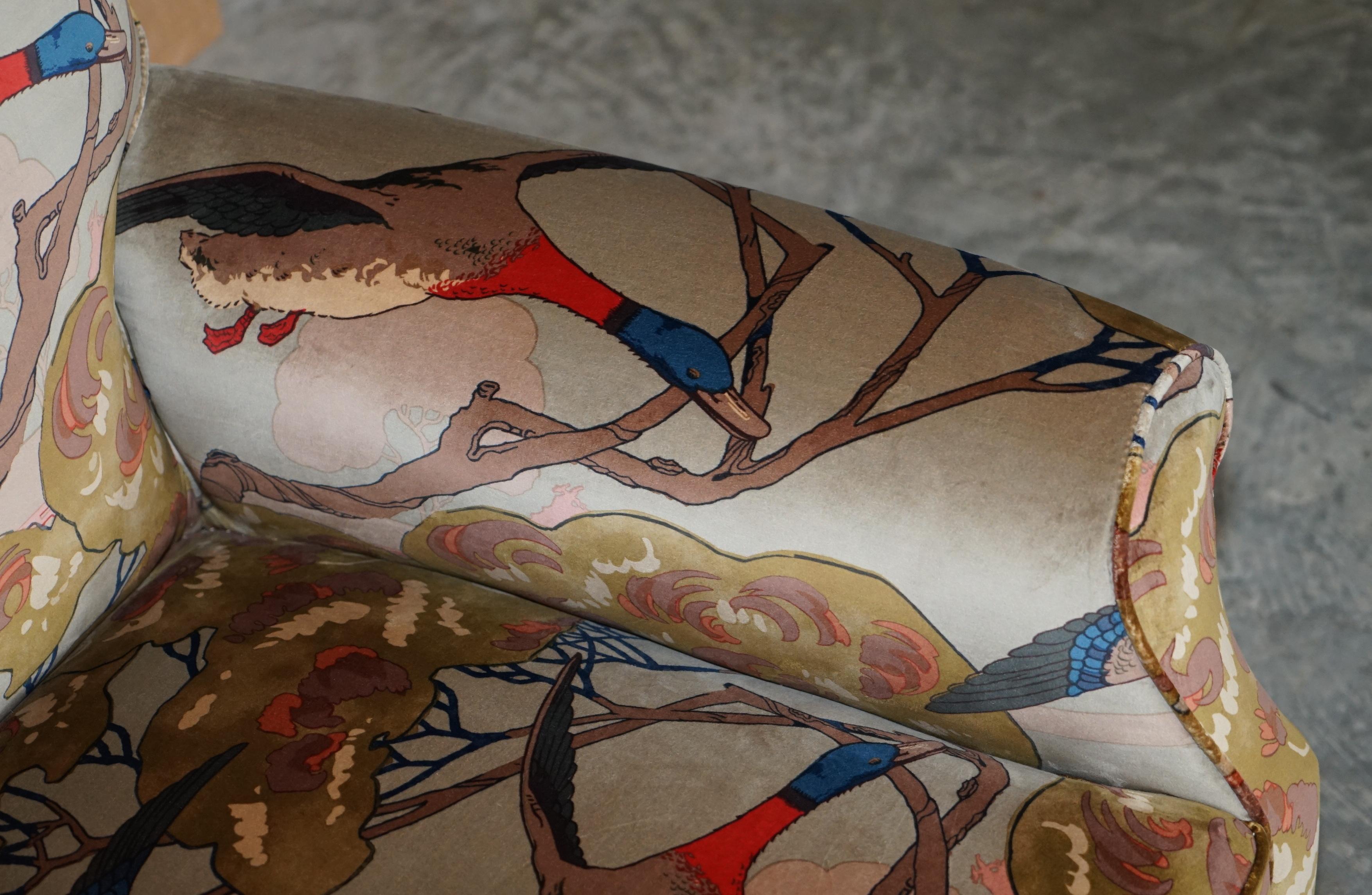 Mulberry Flying Ducks Upholstered Restored Pair of Victorian Club Armchairs In Excellent Condition In West Sussex, Pulborough